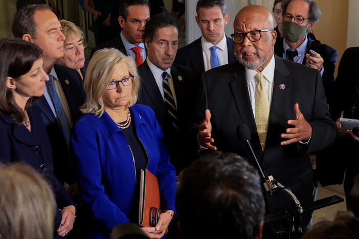 Reps. Bennie Thompson (right) and Liz Cheney, joined by fellow committee members, speak to the media after a July 27 hearing of the House select committee investigating the Jan. 6 attack on the U.S. Capitol.