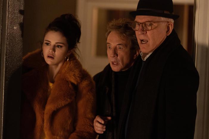 Neighbors Mabel (Selena Gomez), Oliver (Martin Short) and Charles (Steve Martin) become podcasters in <em>Only Murders in the Building</em>.
