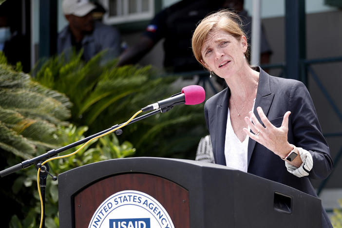 Samantha Power, administrator of the U.S. Agency for International Development, speaks during a joint press conference with Haitian officials at the Toussaint Louverture International Airport, in Port-Au-Prince on Thursday.