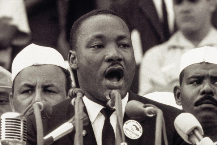 Martin Luther King Jr. gives his "I Have a Dream" speech to a crowd at the Lincoln Memorial during the March on Washington on Aug. 28, 1963.