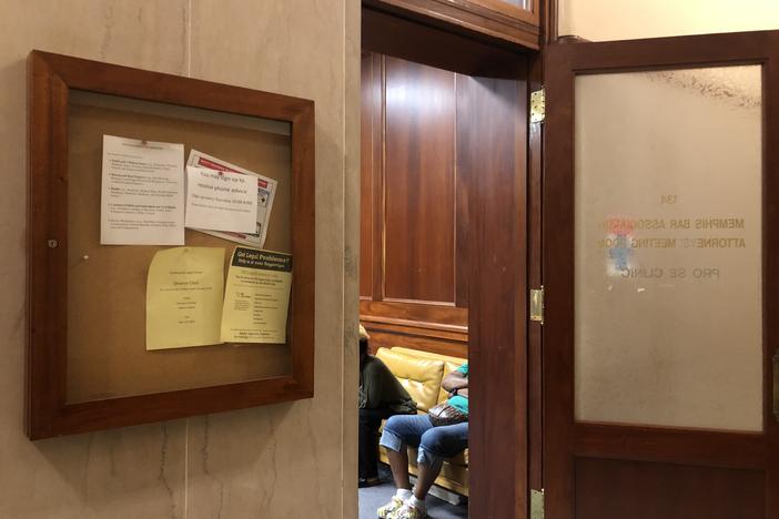 Tenants facing eviction wait to speak with attorneys from Memphis Area Legal Services in Room 134 of the Shelby County General Sessions Court in Memphis, Tenn.