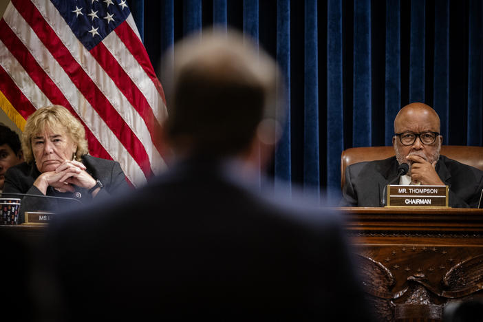 House Select Committee Chair Rep. Bennie Thompson, D-Miss., right, and Rep. Zoe Lofgren, D-Calif., listen during the panel's first hearing last month. The committee has asked 35 social media and communication companies to preserve records associated with the Jan. 6 insurrection.