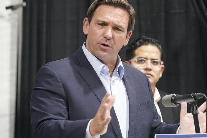 Florida Gov. Ron DeSantis speaks at the opening of a monoclonal antibody site last month in Pembroke Pines, Fla. DeSantis has sought to block schools from requiring masks for students.