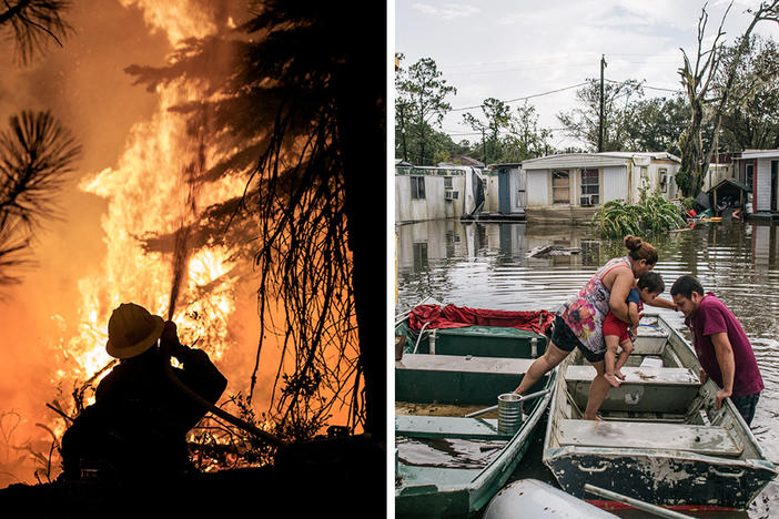 <strong>Left:</strong> A firefighter with the U.S. Forest Service battles the advancing Caldor Fire on Aug. 28, in Strawberry, Calif. <strong>Right:</strong> Marlon Maldonado helps his wife and child into a boat to travel to their home after it flooded during Hurricane Ida on Aug. 31, in Barataria, La.