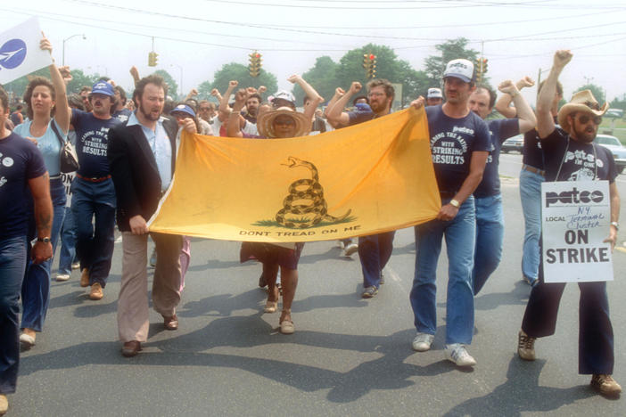 Striking members of the Professional Air Traffic Controllers Organization hold a rally on Aug. 6, 1981, on Long Island, N.Y. Nearly 13,000 air-traffic controllers walked off the job and most were fired by President Ronald Reagan after refusing to return to work.