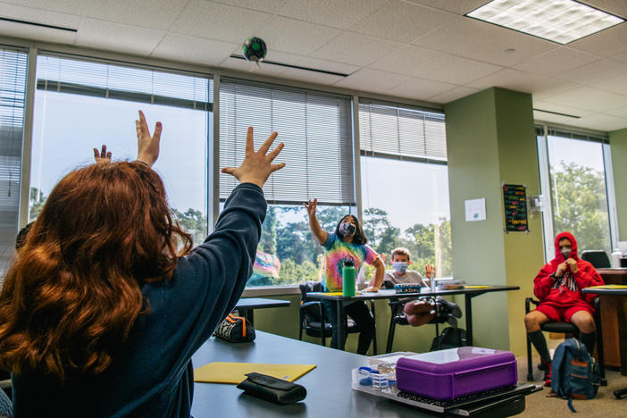 HOUSTON, TEXAS - AUGUST 23: Students at the Xavier Academy, like many schools around Houston, are required to wear masks. Staff and faculty have been vaccinated and 90% of students in attendance have also been vaccinated.