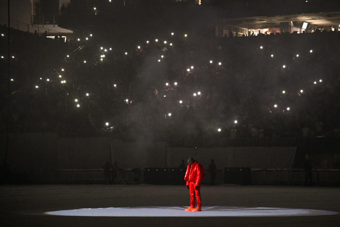 Kanye West is seen at a <em>Donda</em> listening event at Mercedes-Benz Stadium on July 22, 2021 in Atlanta, Georgia.
