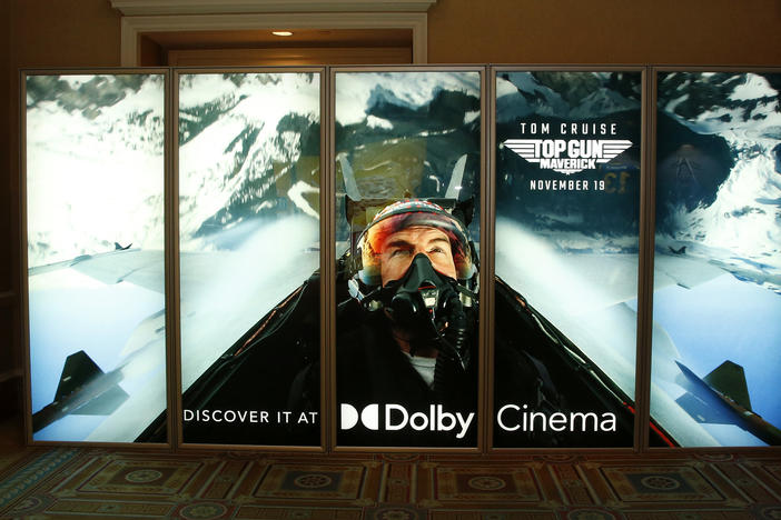 An illuminated advertisement for the upcoming <em>Top Gun: Maverick</em> movie is displayed at Caesars Palace during CinemaCon, the official convention of the National Association of Theatre Owners, last month, in Las Vegas, Nevada.