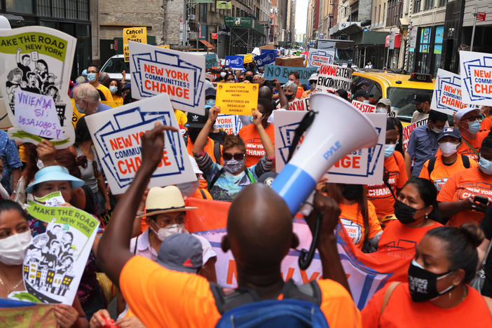 Housing activists and community members march toward the New York City office of Gov. Kathy Hochul calling for a stop to evictions on Tuesday in New York City. The state extended its eviction moratorium on Wednesday.