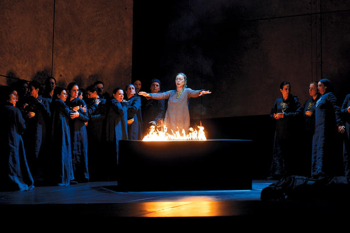 A scene from Francisco Negrin's production of Verdi's <em>Il Trovatore,</em> shown in a performance from the Opera de Monte Carlo.