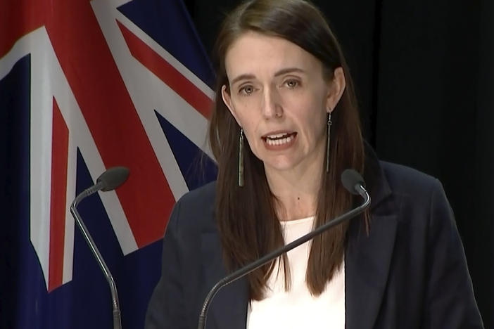 In this image made from video, New Zealand Prime Minister Jacinda Ardern speaks about a stabbing attack during a press conference, Friday, Sept. 3, 2021, in Wellington, New Zealand. New Zealand authorities say they shot and killed a violent extremist after he entered a supermarket and stabbed and injured six shoppers. Ardern described Friday's incident as a terror attack.