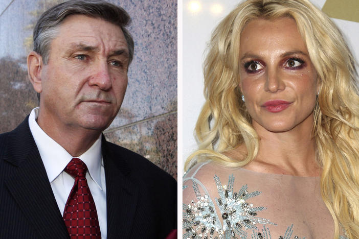 This combination photo shows Jamie Spears, left, father of Britney Spears, as he leaves the Stanley Mosk Courthouse on Oct. 24, 2012, in Los Angeles and Britney Spears at the Clive Davis and The Recording Academy Pre-Grammy Gala on Feb. 11, 2017, in Beverly Hills.