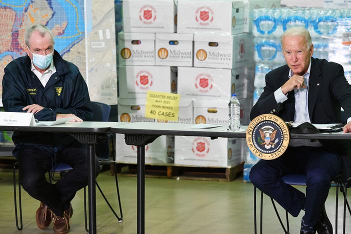 President Biden takes part in a briefing Tuesday with New Jersey Gov. Phil Murphy and other local leaders in the aftermath of Hurricane Ida.