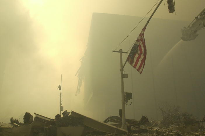 An American flag at ground zero on the evening of Sept. 11, 2001, after the terrorist attacks on the World Trade Center in New York City.