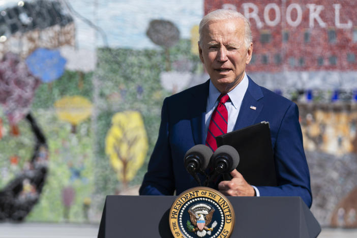 President Joe Biden speaks about his strategy to combat the coronavirus pandemic at Brookland Middle School on  Friday in Washington, D.C. Later in the day, he issued a video commemorating the 20th anniversary of the Sept. 11 terrorist attacks.