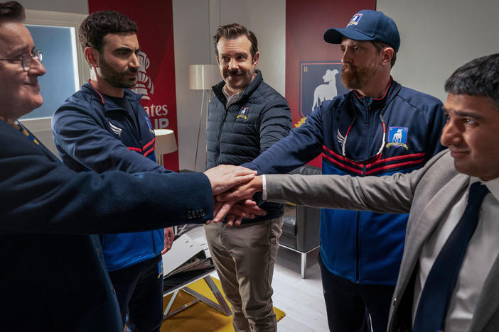 Higgins (Jeremy Swift), Roy (Brett Goldstein), Ted (Jason Sudeikis), Beard (Brendan Hunt) and Nate (Nick Mohammed) are all-in for the game against Man City.