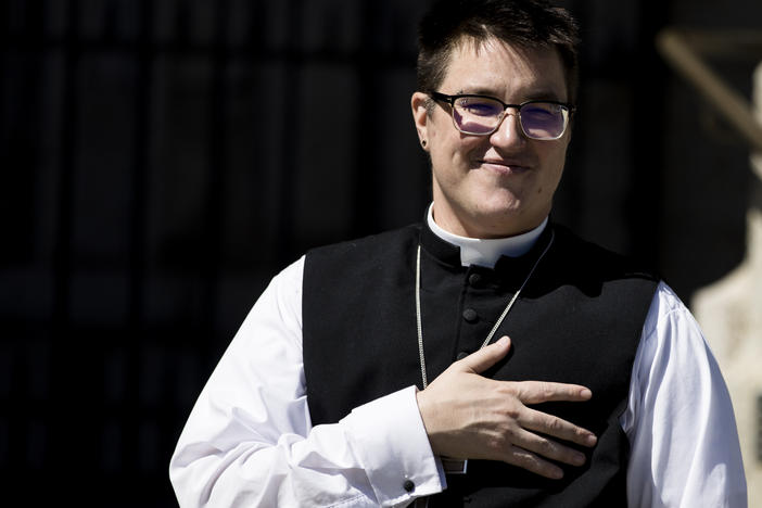 Bishop Megan Rohrer speaks to the press before their installation ceremony at Grace Cathedral in San Francisco on Saturday.