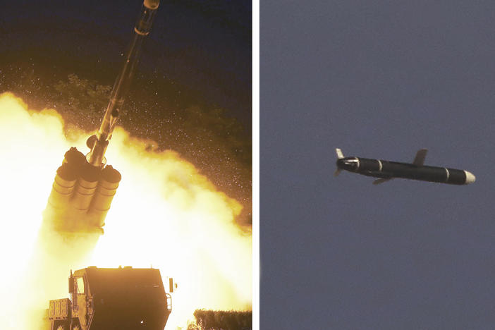 This combination of photos provided by the North Korean government on Monday shows long-range cruise missiles tests held on Sept. 11 and 12, in an undisclosed location of North Korea.