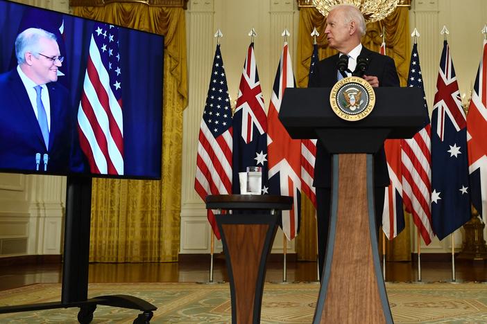 President Biden speaks to Australian Prime Minister Scott Morrison on Wednesday during the virtual announcement of a trilateral defense partnership with Australia and the U.K. British Prime Minister Boris Johnson also joined in.