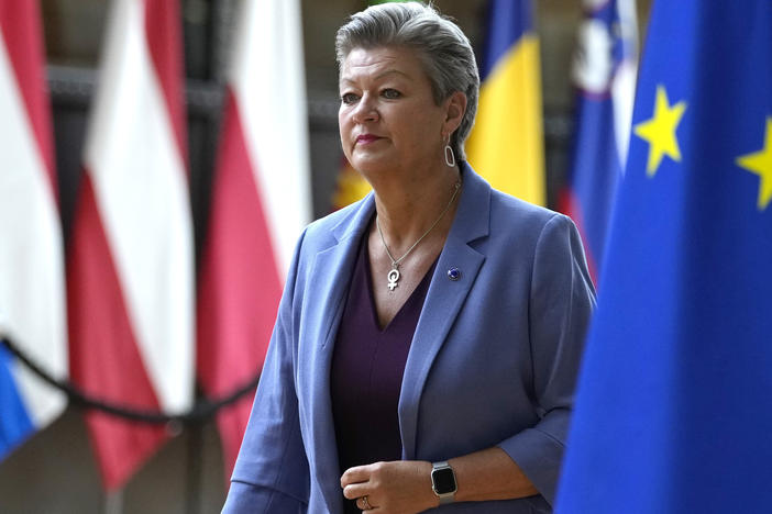 European Commissioner for Home Affairs Ylva Johansson arrives for a meeting at the European Council building in Brussels, Tuesday, Aug. 31, 2021.