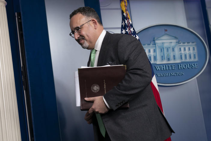 U.S. Education Secretary Miguel Cardona, pictured here in March, begins a back-to-school tour of the Midwest on Monday.