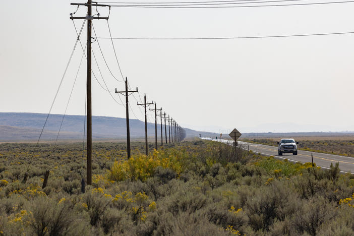 The Duck Valley Indian Reservation is home to the Shoshone-Paiute Tribes and comprises about 450 square miles along the Idaho/Nevada border. Only one power line goes into it, shown here along Highway 51.