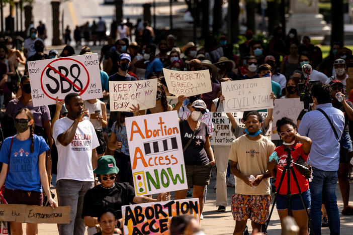 Abortion rights activists rally at the Texas State Capitol on Sept. 11, 2021 in Austin.