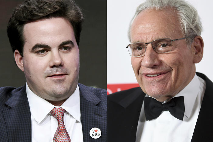 Robert Costa (left) in a panel discussion in 2017 and Bob Woodward at the 2019 PEN America Literary Gala in New York. The two have authored a book about the transition between the Trump and Biden administrations.