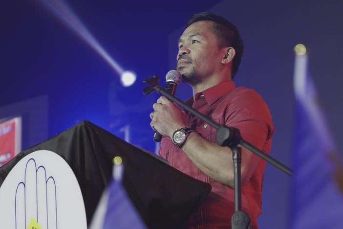 Senator Manny Pacquiao speaks during a national convention of his PDP-Laban party in Quezon city, Philippines on Sept. 19, 2021.