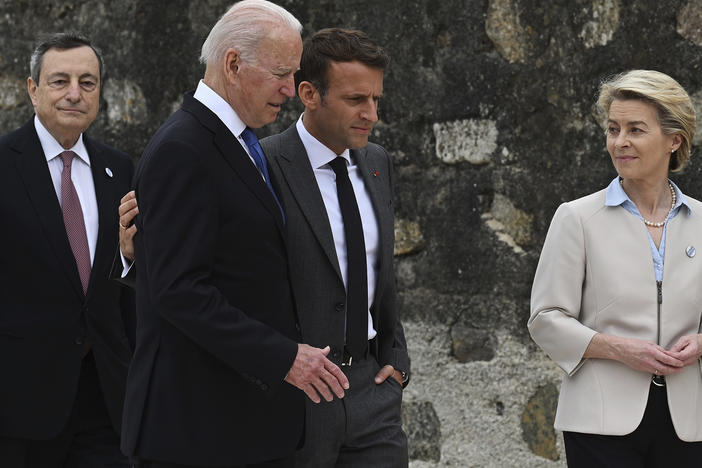 Back in June at the G-7 summit in England, French President Emmanuel Macron (center, right) and President Biden appeared to be getting along fine. They spoke Wednesday after a rift that began with a new security alliance.