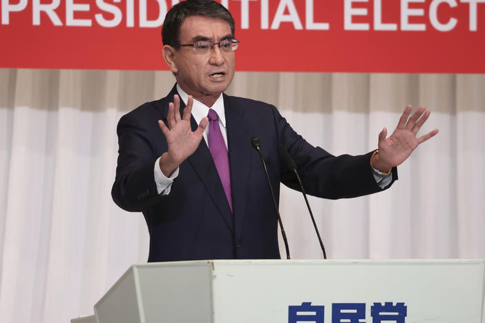 Taro Kono, a candidate of the ruling Liberal Democratic Party and currently the minister in charge of vaccinations, delivers a speech in Tokyo on Sept. 17.