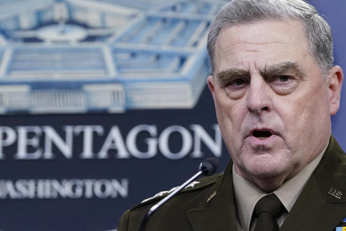 Chairman of the Joint Chiefs of Staff Gen. Mark Milley speaks during a briefing with Secretary of Defense Lloyd Austin in September at the Pentagon in Washington. The top U.S. military officer met with his Russian counterpart Wednesday Sept. 22, 2021 in Helsinki, Finland.