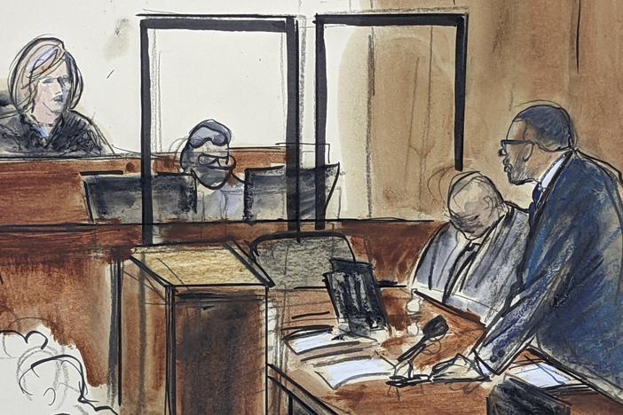 A courtroom sketch shows R. Kelly telling Judge Ann M. Donnelly he won't take the stand in his own defense.