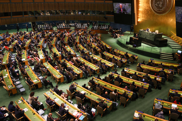 U.N. Secretary-General Antonio Guterres makes a speech during the 76th session of United Nations General Assembly, in New York, United States on Tuesday.