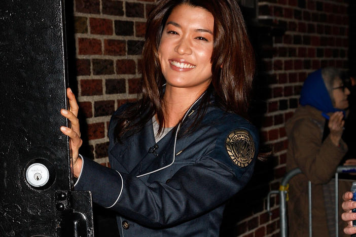 Actor Grace Park wears her <em>Battlestar Galactica</em> uniform in New York City. The costume is drawing comparisons to the U.S. Space Force's new uniforms.