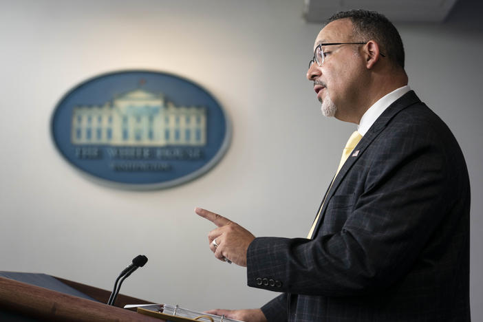 Miguel Cardona, U.S. secretary of education, speaks during a news conference at the White House on Thursday, Aug. 5, 2021.
