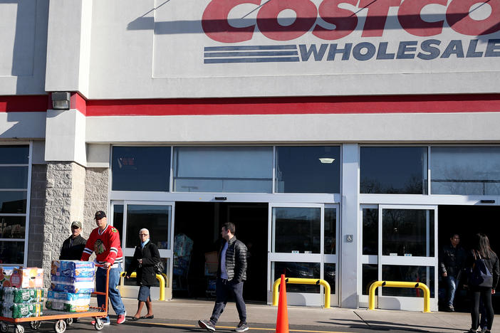 Shoppers line up to buy supplies at Costco Wholesale in New Jersey last year as fears over COVID-19 grew around the world. The company recently reintroduced limits on toilet paper, cleaning supplies and other products as it copes with supply chain challenges.