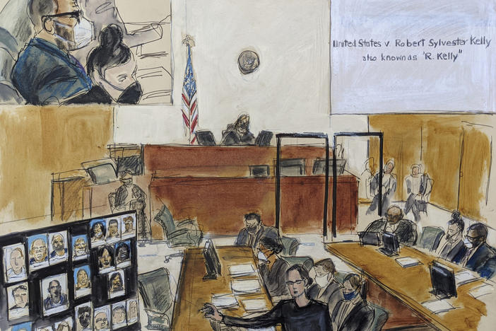 In this illustration drawn from a video feed, the prosecution presents its closing argument in the federal trial against singer R. Kelly on Sept. 22 in New York.