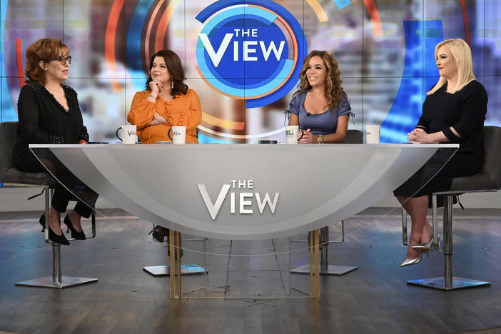 Ana Navarro (center left) and Sunny Hostin (center right) appear on <em>The View</em> on Aug. 2, 2019. The two were pulled live from the TV show on Friday, just before Vice President Harris was scheduled to join them onstage for an interview.