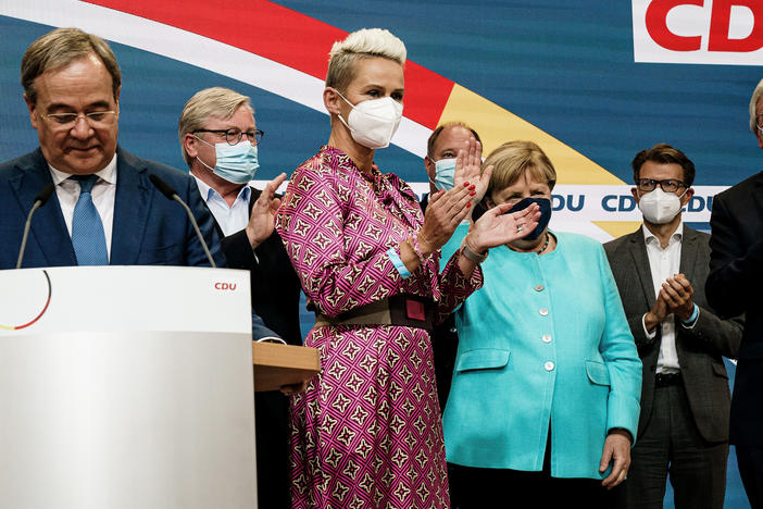 German Chancellor Angela Merkel receives applause during the Christian Democratic Union (CDU) election event on Sunday in Berlin. Voters have gone to the polls nationwide in elections that herald the end of Merkel's 16-year chancellorship.