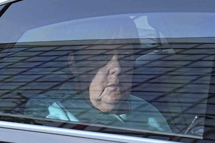 German Chancellor Angela Merkel arrives at the Konrad Adenauer House in Berlin, Germany, Sunday, Sept. 26, 2021. German voters are choosing a new parliament in an election that will determine who succeeds Chancellor Angela Merkel after her 16 years at the helm of Europe's biggest economy.