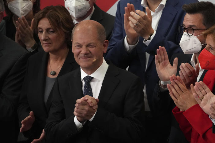 Olaf Scholz, finance minister and SPD candidate for chancellor, after addressing his supporters following the German parliament election at the Social Democratic Party, SPD, headquarters in Berlin on Sunday.