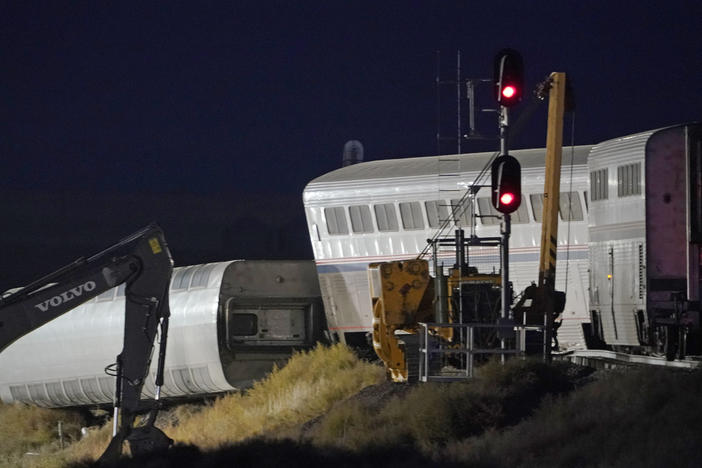 Cars from an Amtrak train that derailed rest near a train signal near Joplin, Mont. The westbound Empire Builder was en route to Seattle from Chicago with two locomotives and 10 cars.