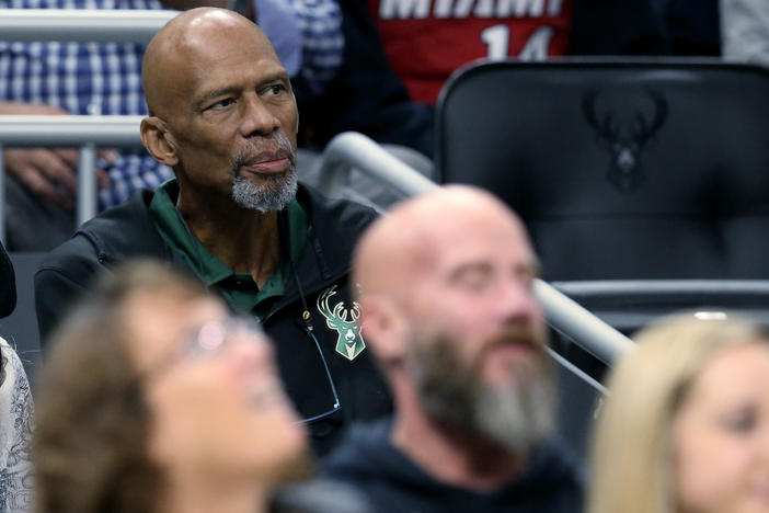 NBA Hall of Famer Kareem Abdul-Jabbar looks on during the game between the Miami Heat and Milwaukee Bucks at the Fiserv Forum in 2019 in Milwaukee.