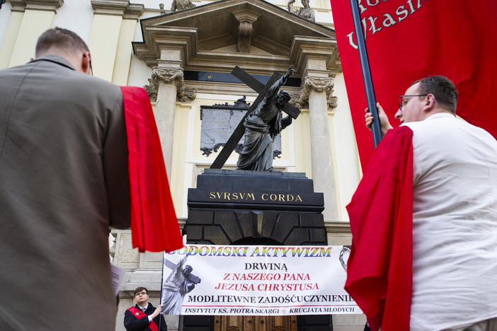 Catholics gathered in front of Warsaw's church of Holy Cross in an anti-LGBT protest in May.