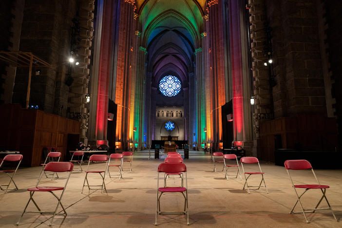 The waiting area of a pop-up vaccination site at St. John The Divine Cathedral sits empty as the rush for vaccinations winds down on June 27, 2021 in New York City. The demand for vaccinations has declined just as the Delta Plus variant of the coronavirus begins to take hold in the United States.