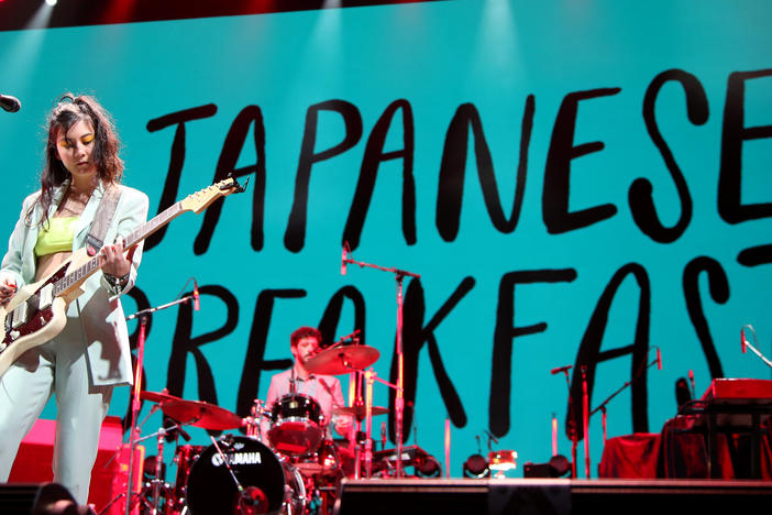 Michelle Zauner (L) of Japanese Breakfast performs with drummer Craig Hendrix at the Intersect music festival at the Las Vegas Festival Grounds on December 07, 2019 in Las Vegas, Nevada.