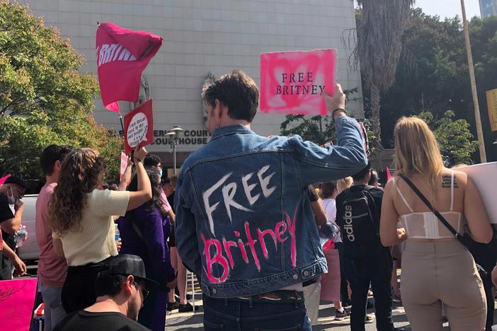 Britney Spears supporter Peter Stickles was among those demonstrating outside Los Angeles Superior Court on Wednesday.