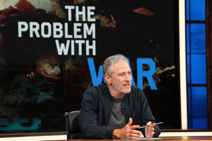 Host Jon Stewart on the set of "The Problem with Jon Stewart."