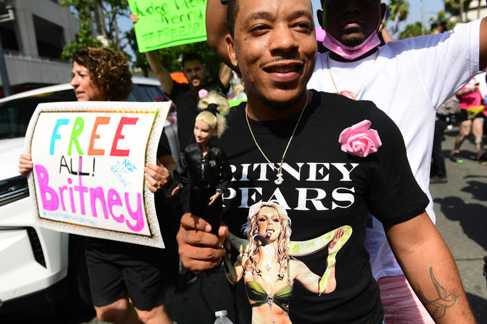 #FreeBritney activists rally at the Stanley Mosk Courthouse in Los Angeles during the Britney Spears conservatorship hearing Wednesday.
